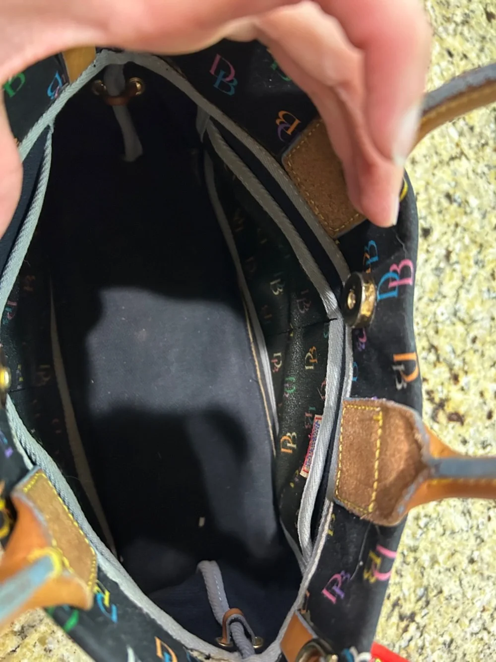Dooney & Bourke Uncoated Black Multicolor DB Logo Tote with Tan Leather Handles